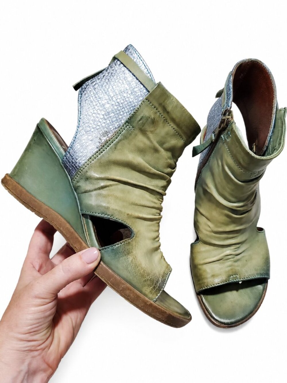 MJUS Leather Wedge Sandals Shoeties Heels Cut-Out Peep Toe Green Blue Women 39EU